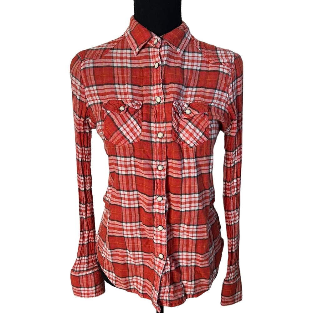 American Eagle Juniors Western Orange Plaid Pearl Snap Button Down Shirt Size 6.